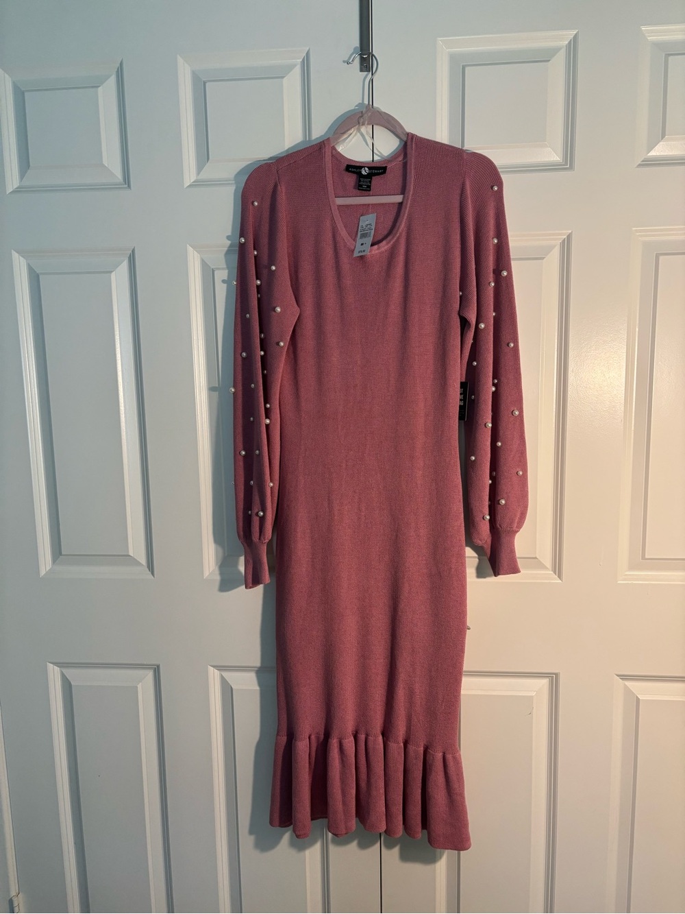 Ashley Stewart Dusty Rose Pearl-Embellished Long Sleeve Knit Dress